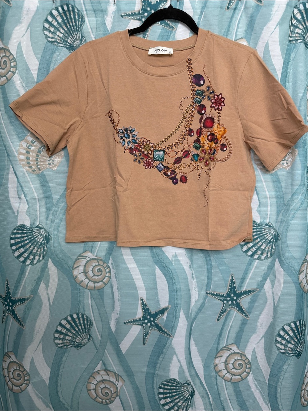 Nylon Peach Cropped Tee with Gem Chain Print